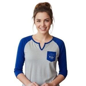 Electric Yoga Baseball Tee Gray Blue Hello‎ Weekend Pocket Graphic Size M